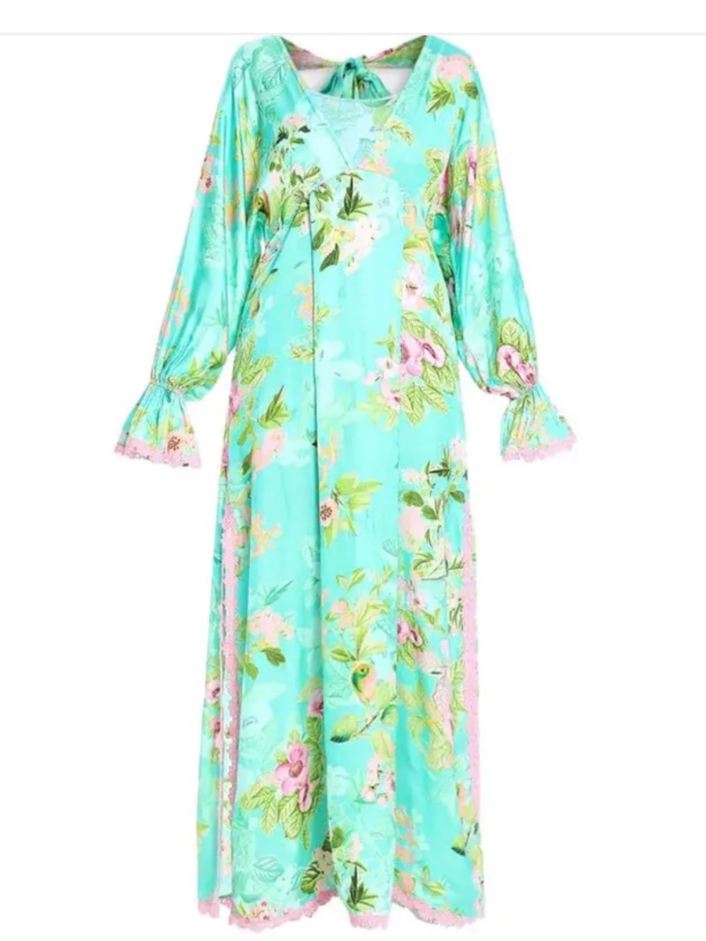 Hemant & Nandita Floral Print Green LS Maxi Dress Size M D369